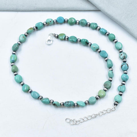 Handmade Turquoise & Sterling Silver Pearl Beaded Necklace 16'' Long