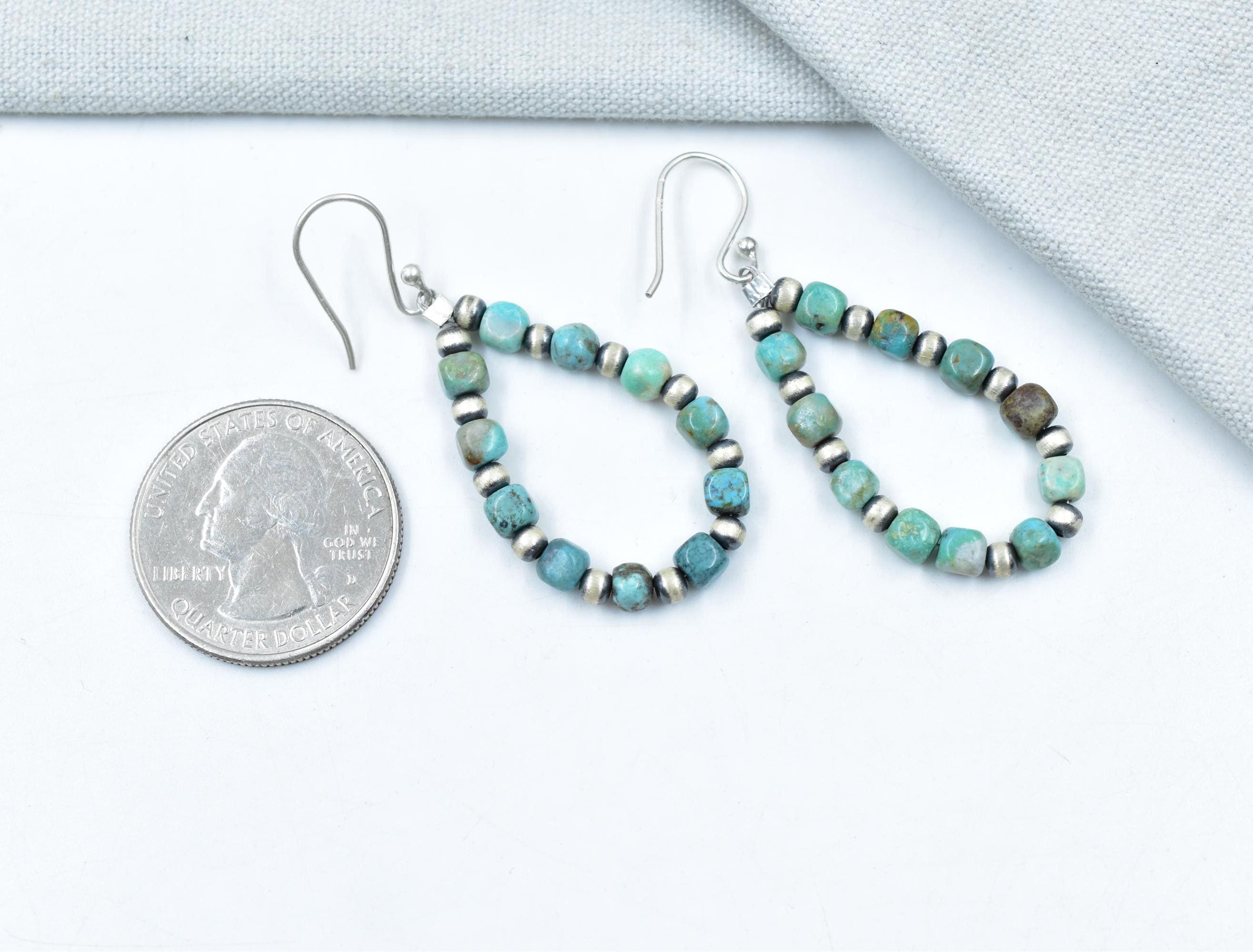 Handmade Turquoise Sterling Silver Pearls Beaded & Dangle Hoop Earrings