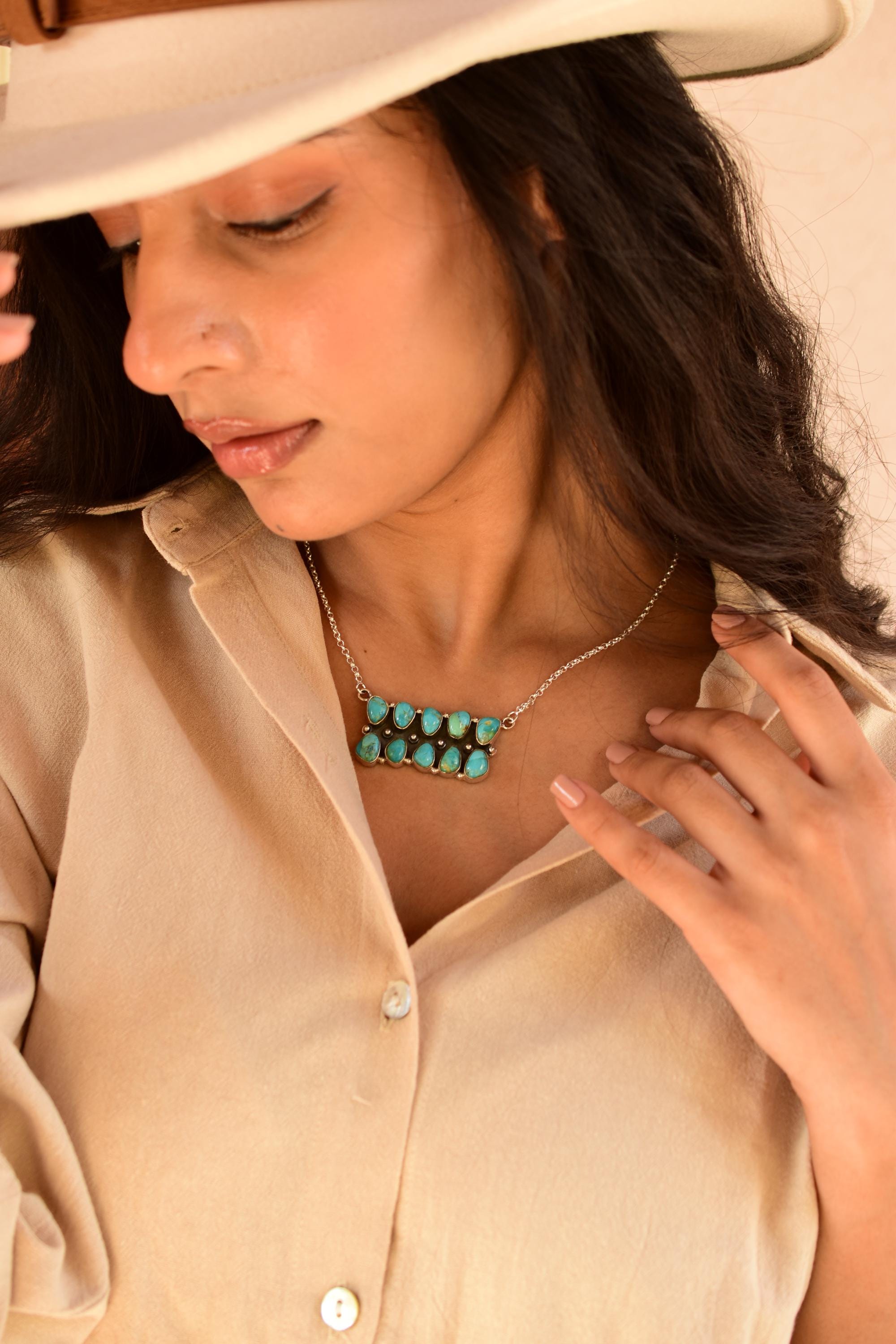 Handmade Mojave Turquoise & Sterling Silver Necklace with 18 inch Adjustable Chain