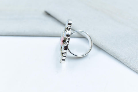 Handmade Pink Conch, Pearl & Sterling Silver Adjustable Ring