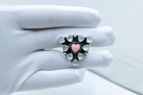 Handmade Pink Conch, Pearl & Sterling Silver Adjustable Ring