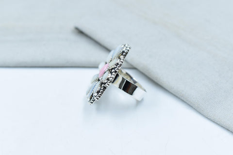 Handmade Pink Conch, Pearl & Sterling Silver Adjustable Ring