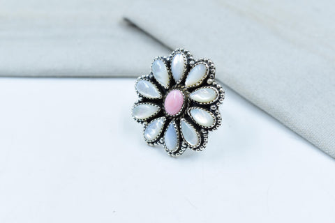 Handmade Pink Conch, Pearl & Sterling Silver Adjustable Ring