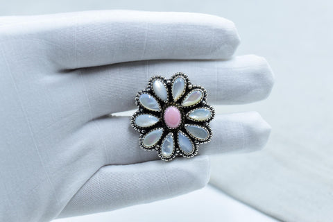 Handmade Pink Conch, Pearl & Sterling Silver Adjustable Ring