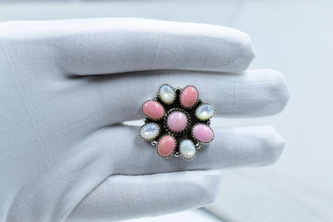 Handmade Pink Conch, Pearl & Sterling Silver Adjustable Ring