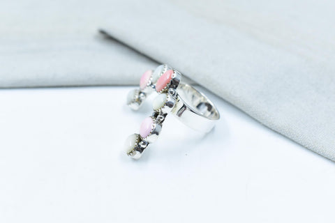 Handmade Pink Conch, Pearl & Sterling Silver Adjustable Ring