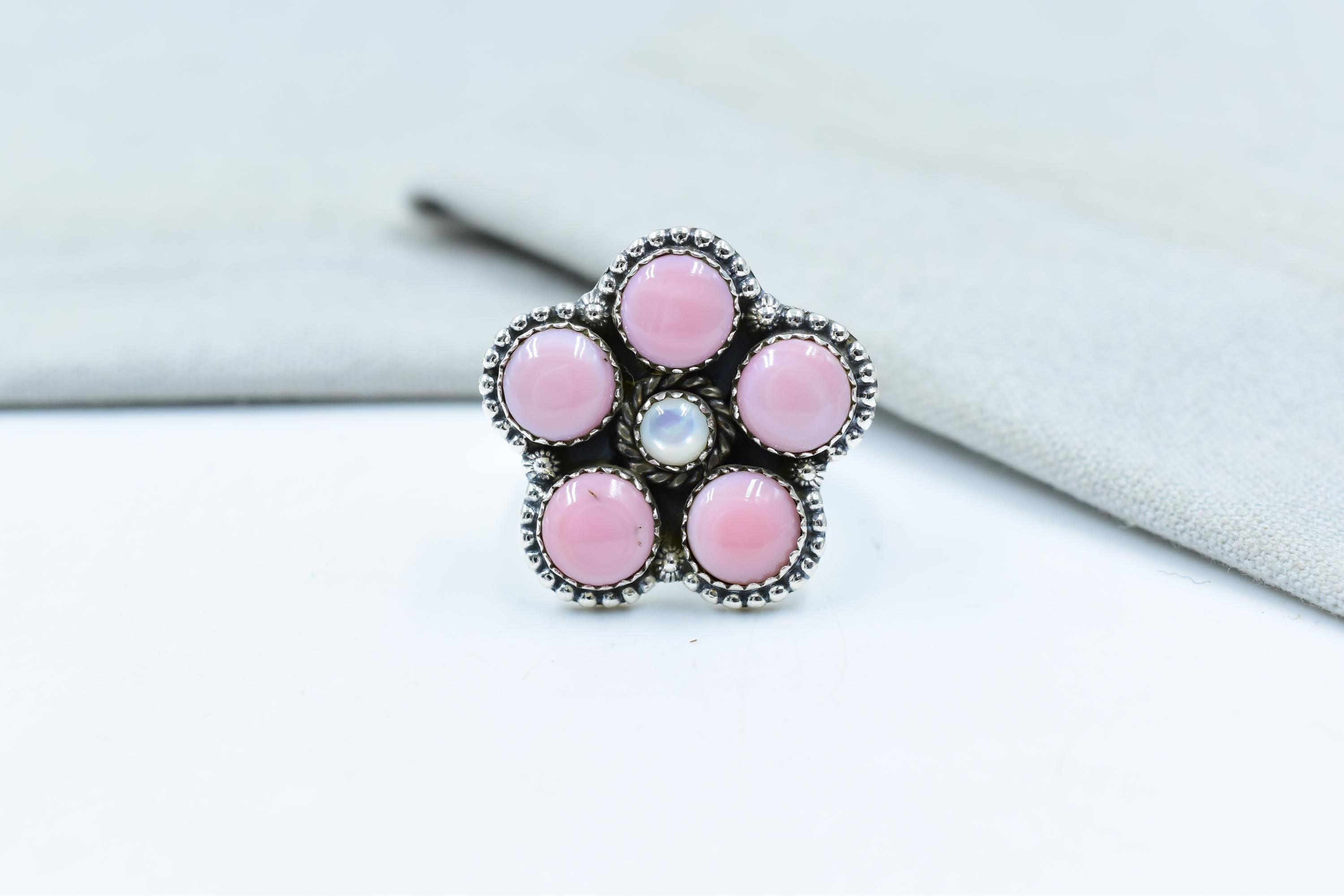 Handmade Pink Conch, Pearl & Sterling Silver Adjustable Ring