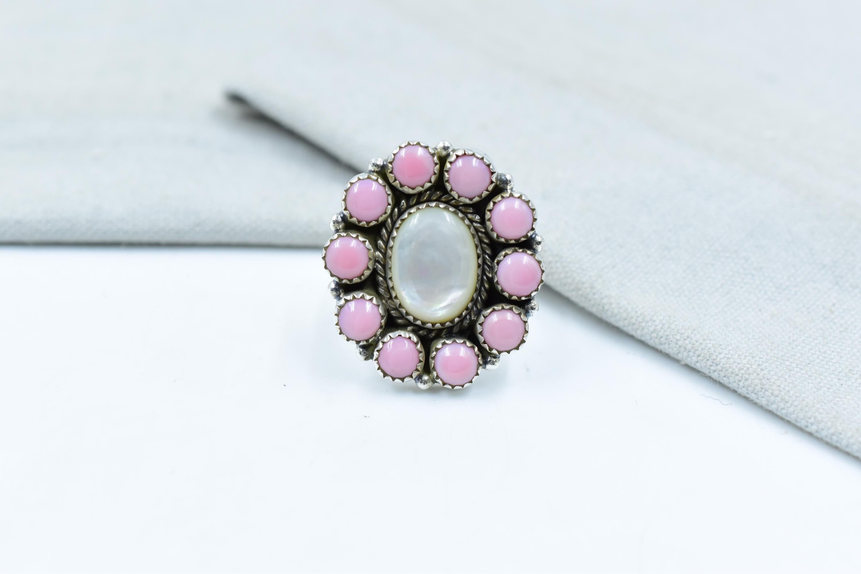 Handmade Pink Conch, Pearl & Sterling Silver Adjustable Ring