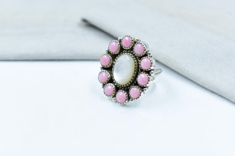 Handmade Pink Conch, Pearl & Sterling Silver Adjustable Ring