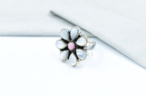 Handmade Pink Conch, Pearl & Sterling Silver Adjustable Ring