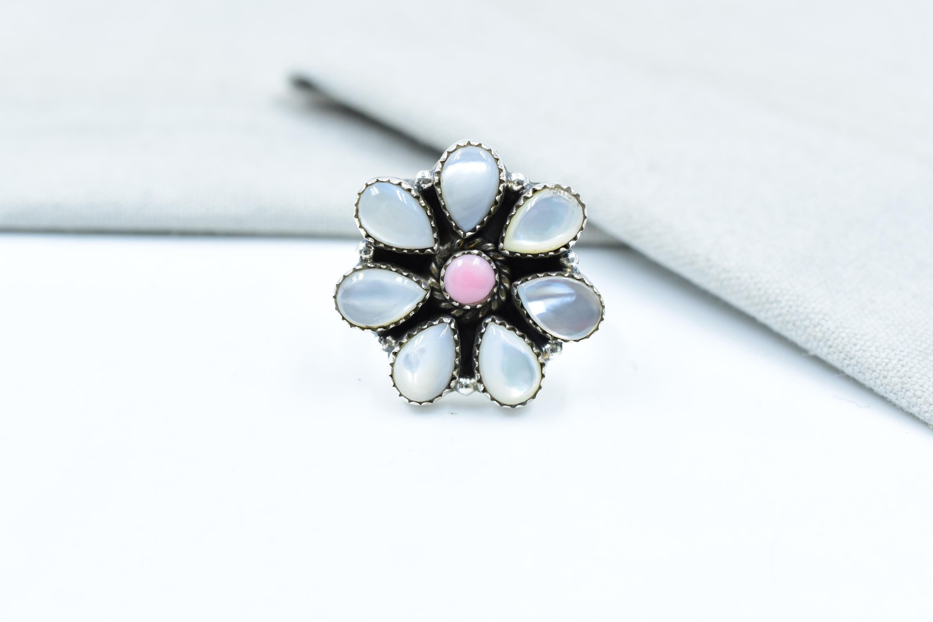 Handmade Pink Conch, Pearl & Sterling Silver Adjustable Ring