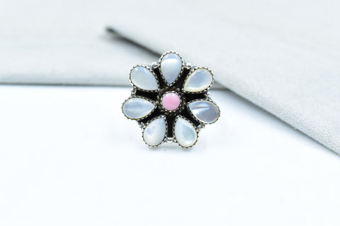 Handmade Pink Conch, Pearl & Sterling Silver Adjustable Ring