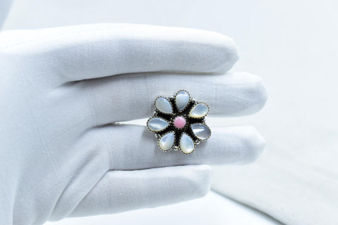 Handmade Pink Conch, Pearl & Sterling Silver Adjustable Ring