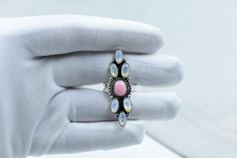 Handmade Pink Conch, Pearl & Sterling Silver Adjustable Ring