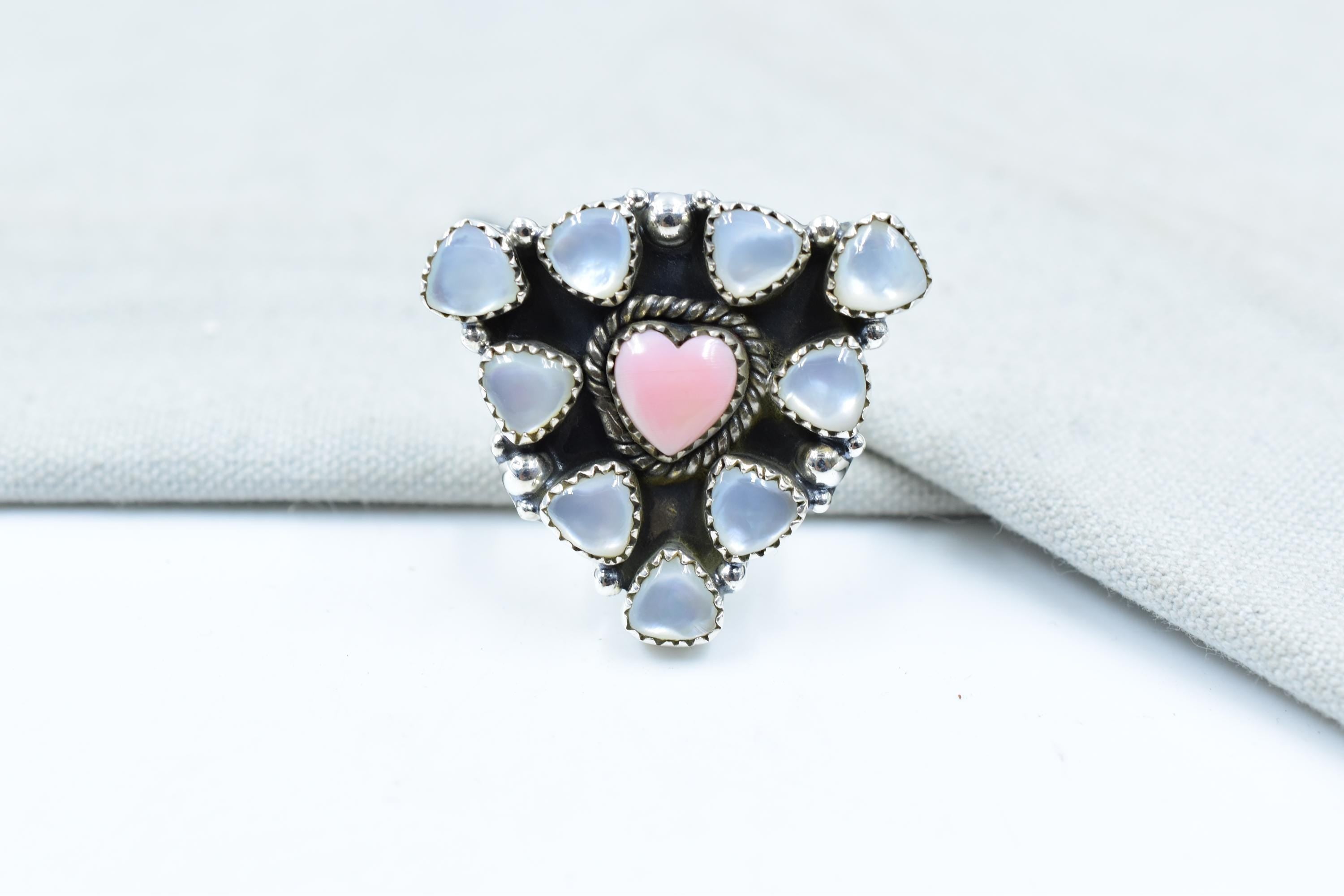 Handmade Pink Conch, Pearl & Sterling Silver Adjustable Ring
