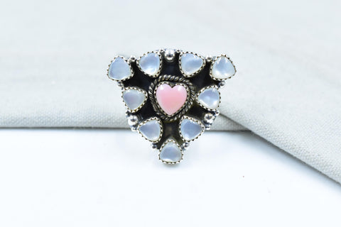 Handmade Pink Conch, Pearl & Sterling Silver Adjustable Ring
