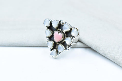 Handmade Pink Conch, Pearl & Sterling Silver Adjustable Ring