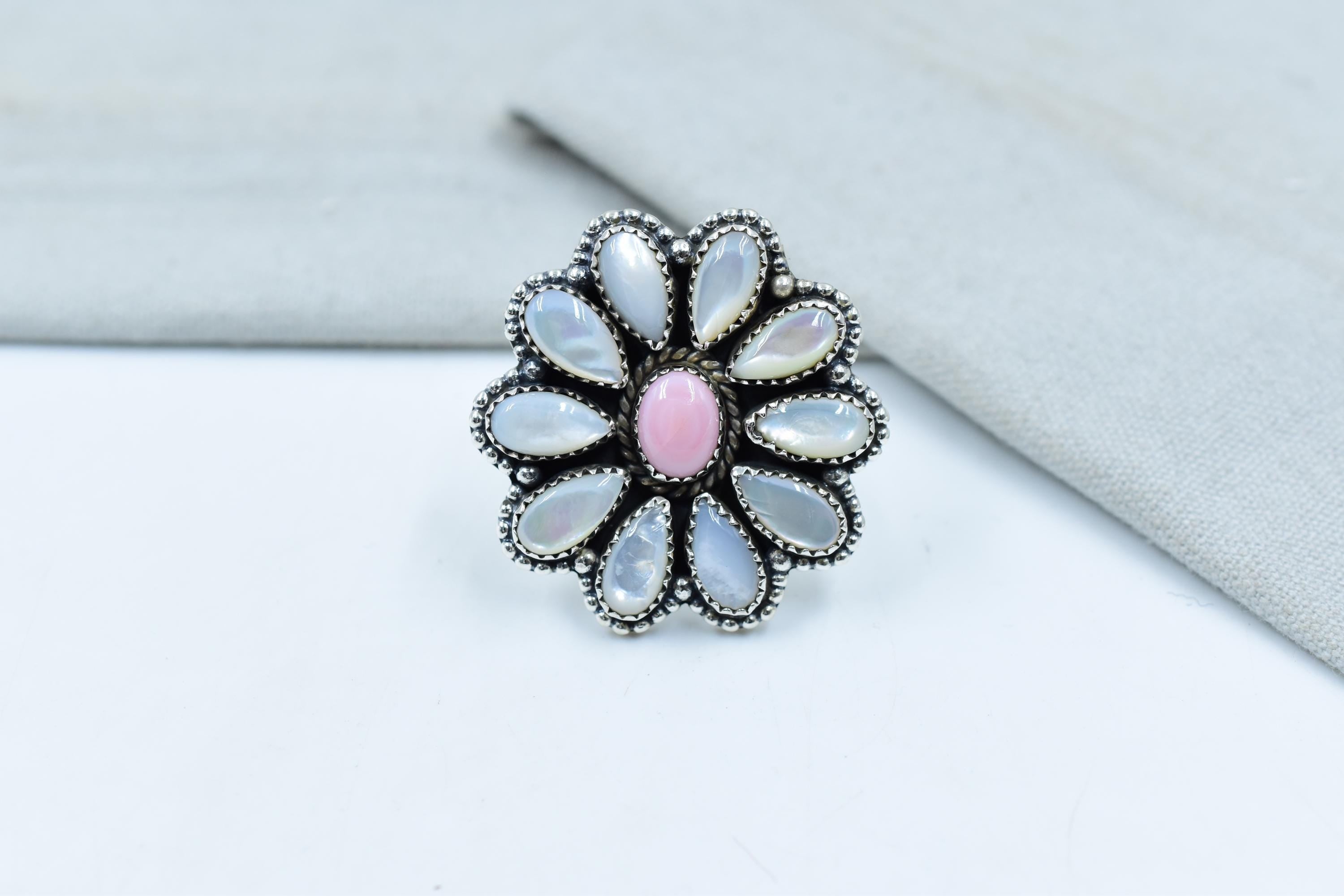 Handmade Pink Conch, Pearl & Sterling Silver Adjustable Ring