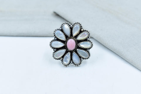 Handmade Pink Conch, Pearl & Sterling Silver Adjustable Ring