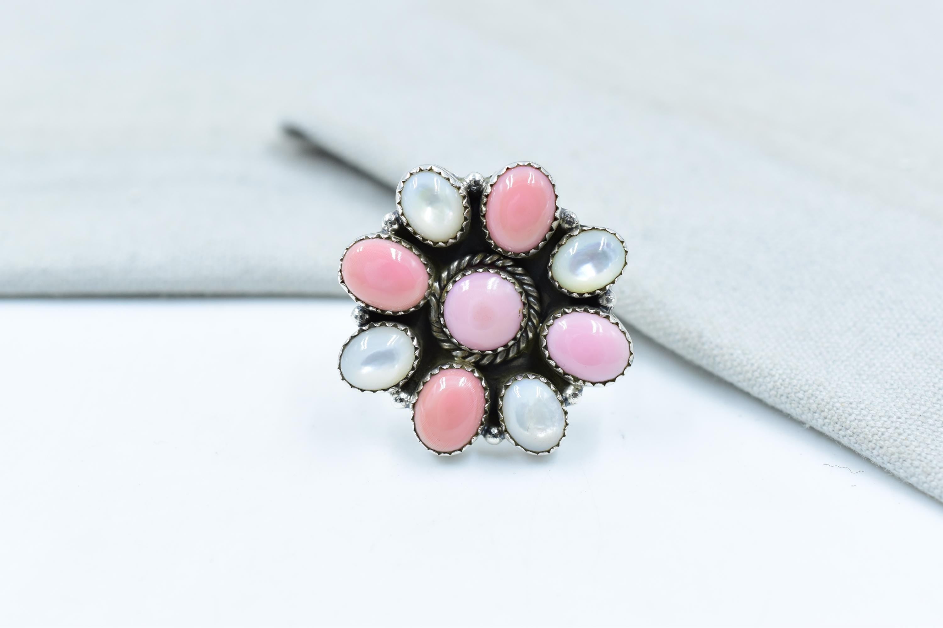 Handmade Pink Conch, Pearl & Sterling Silver Adjustable Ring