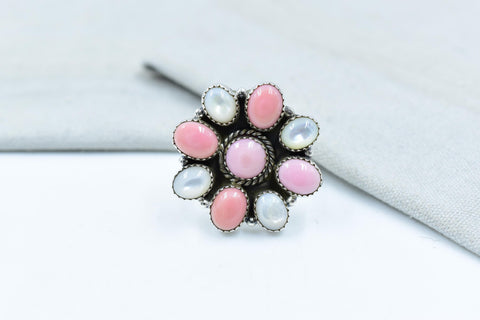 Handmade Pink Conch, Pearl & Sterling Silver Adjustable Ring