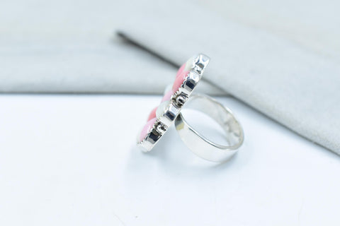 Handmade Pink Conch, Pearl & Sterling Silver Adjustable Ring