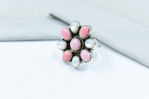 Handmade Pink Conch, Pearl & Sterling Silver Adjustable Ring