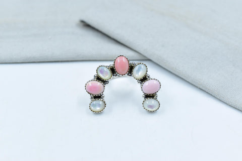 Handmade Pink Conch, Pearl & Sterling Silver Adjustable Ring