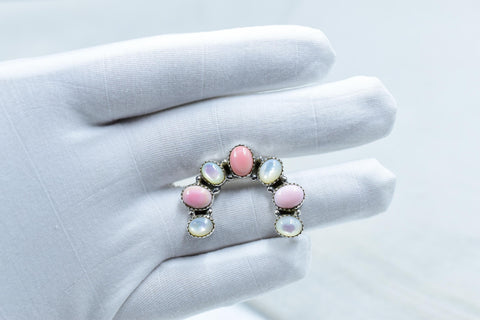 Handmade Pink Conch, Pearl & Sterling Silver Adjustable Ring