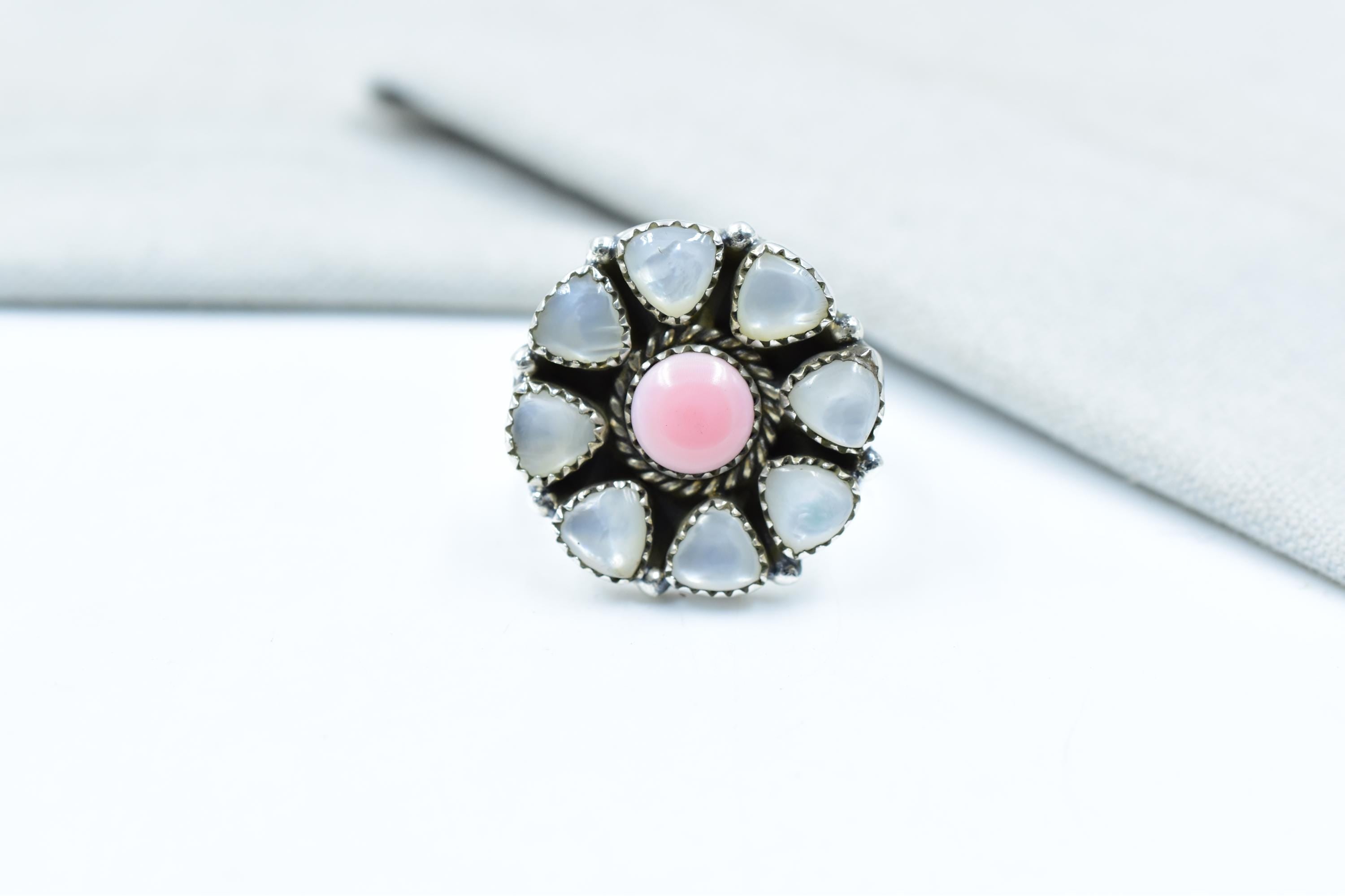 Handmade Pink Conch, Pearl & Sterling Silver Adjustable Ring