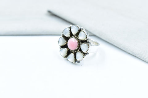 Handmade Pink Conch, Pearl & Sterling Silver Adjustable Ring