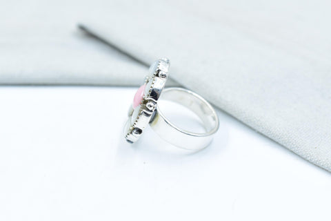 Handmade Pink Conch, Pearl & Sterling Silver Adjustable Ring