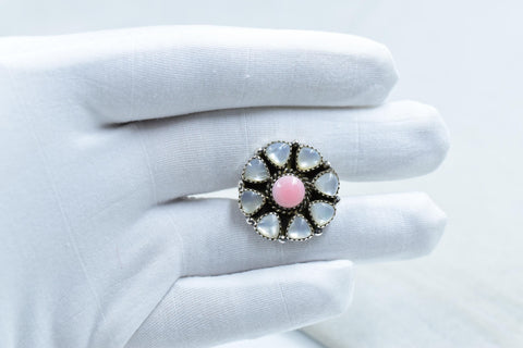 Handmade Pink Conch, Pearl & Sterling Silver Adjustable Ring