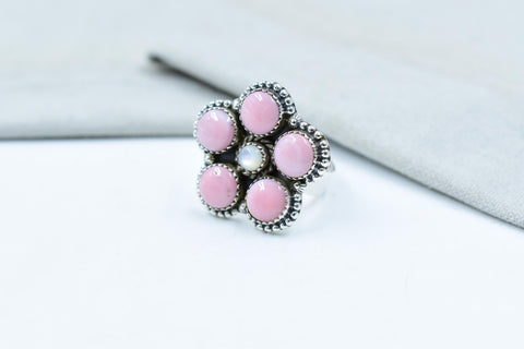 Handmade Pink Conch, Pearl & Sterling Silver Adjustable Ring