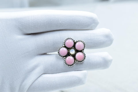 Handmade Pink Conch, Pearl & Sterling Silver Adjustable Ring