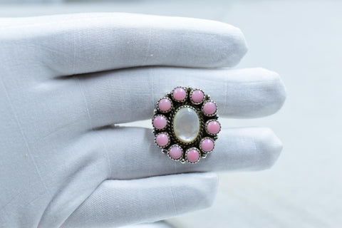 Handmade Pink Conch, Pearl & Sterling Silver Adjustable Ring