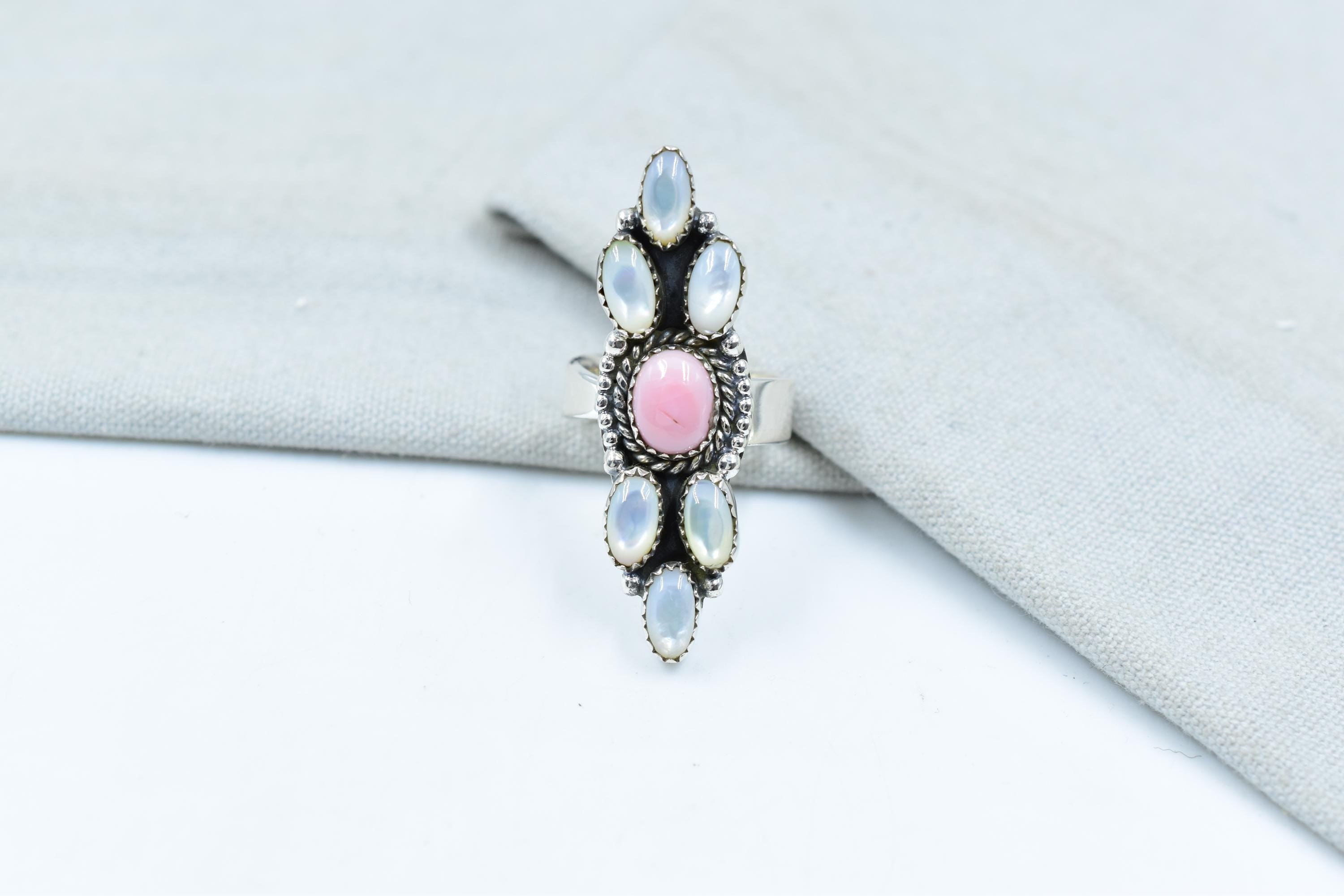 Handmade Pink Conch, Pearl & Sterling Silver Adjustable Ring