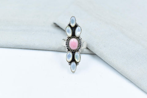 Handmade Pink Conch, Pearl & Sterling Silver Adjustable Ring
