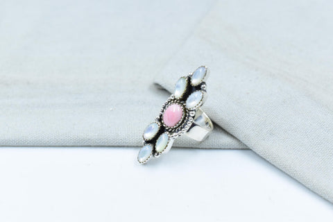 Handmade Pink Conch, Pearl & Sterling Silver Adjustable Ring