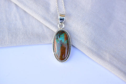 Handmade Pilot Mountain Turquoise & Sterling Silver Oval shape Pendant with 16 inch Adjustable Chain