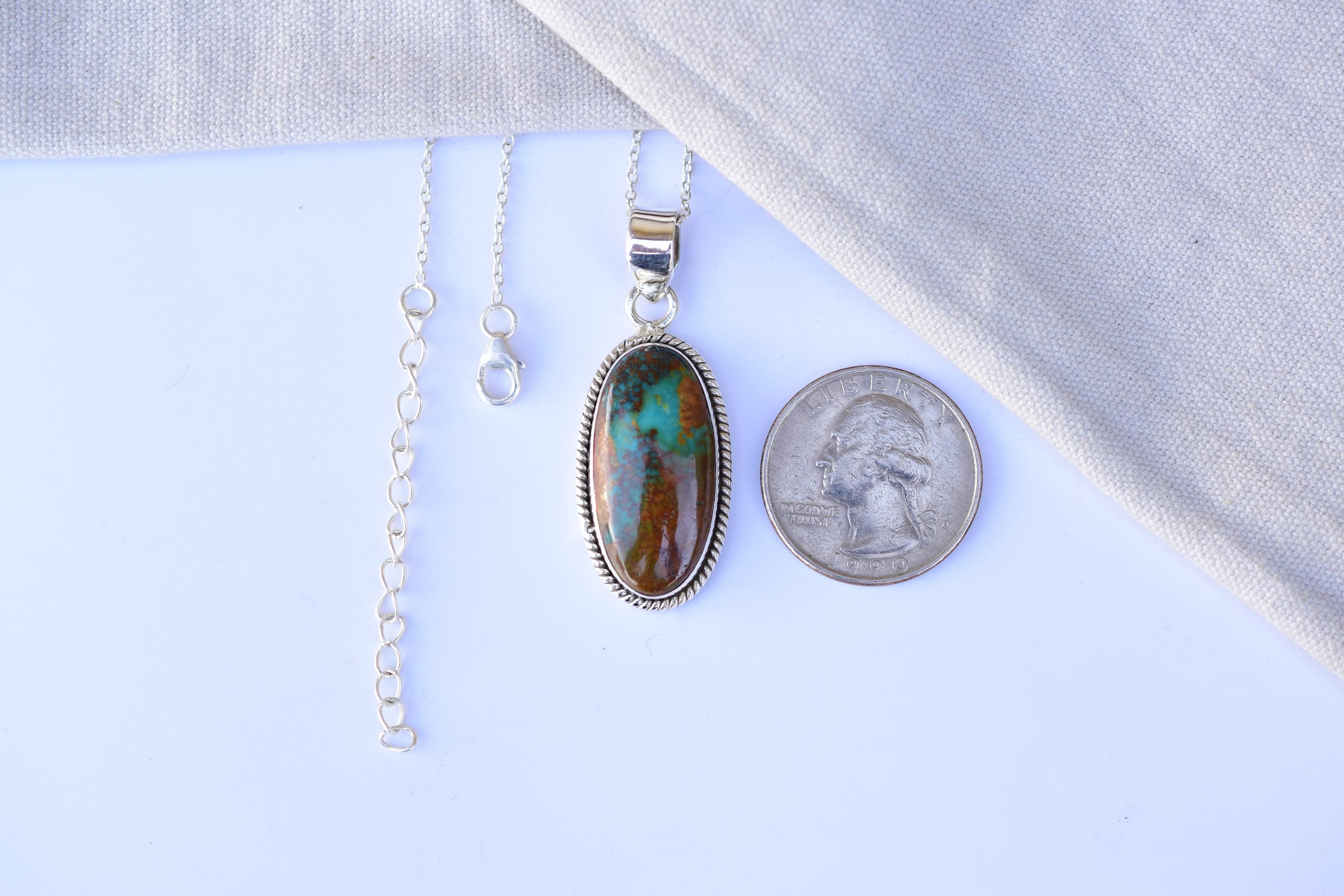 Handmade Pilot Mountain Turquoise & Sterling Silver Oval shape Pendant with 16 inch Adjustable Chain