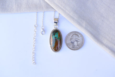 Handmade Pilot Mountain Turquoise & Sterling Silver Oval shape Pendant with 16 inch Adjustable Chain