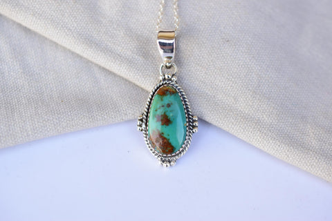 Handmade Pilot Mountain Turquoise & Sterling Silver Egg shape Pendant with 16 inch Adjustable Chain