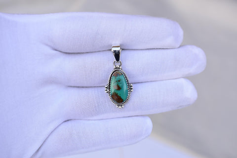 Handmade Pilot Mountain Turquoise & Sterling Silver Egg shape Pendant with 16 inch Adjustable Chain