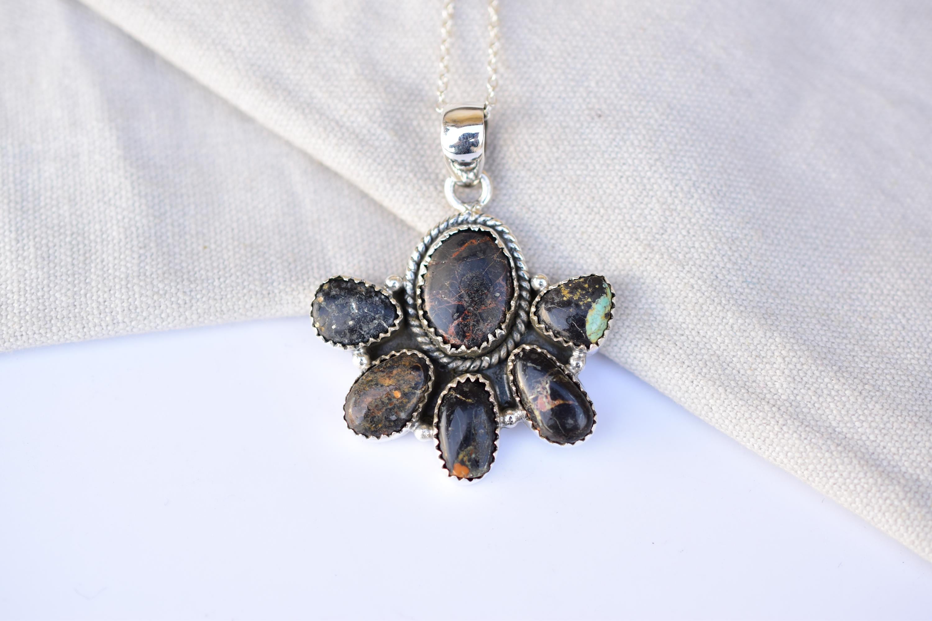 Handmade Black Jack Turquoise & Sterling Silver Pendant with 16 inch Adjustable Chain