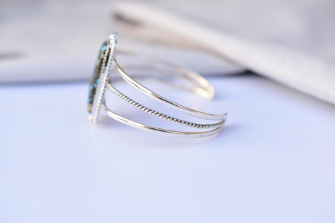 Handmade Blue Moon Turquoise & Sterling Silver Adjustable Bangle 5.5 inch