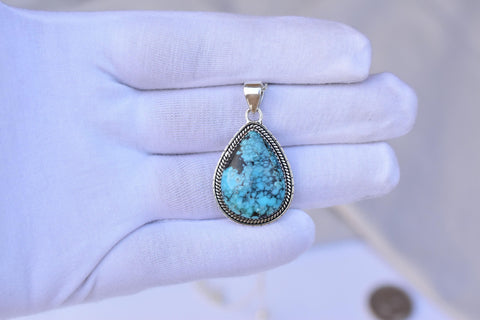 Handmade Blue Moon Turquoise & Sterling Silver Pendant with 16 inch Adjustable Chain