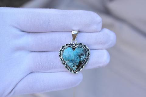 Handmade Blue Moon Turquoise & Sterling Silver Pendant with 16 inch Adjustable Chain