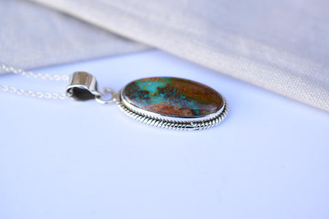 Handmade Pilot Mountain Turquoise & Sterling Silver Oval shape Pendant with 16 inch Adjustable Chain