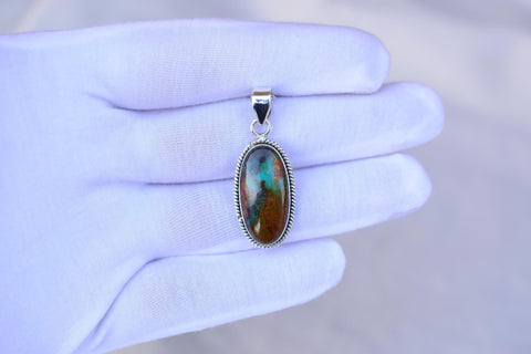 Handmade Pilot Mountain Turquoise & Sterling Silver Oval shape Pendant with 16 inch Adjustable Chain